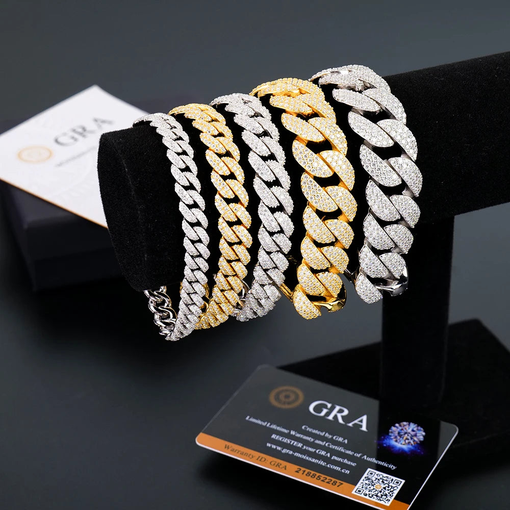 Factory Wholesale 8-20mm Gold Plated Vvs Iced Out Full Diamond Miami Moissanite 925 Sterling Silver Cuban Chain Link Bracelet