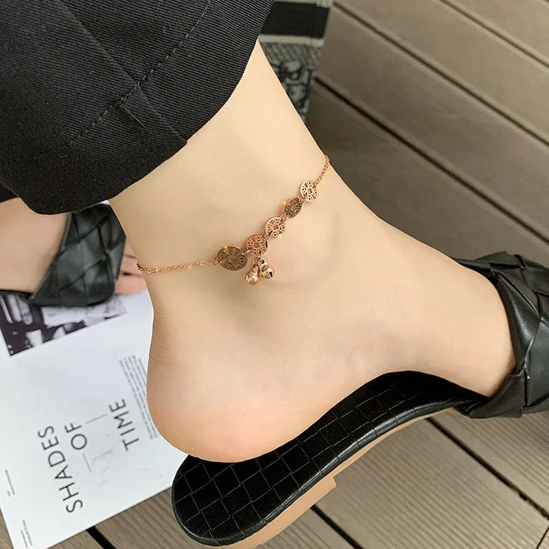 Wholesale Trendy Women Stainless Steel Rose Gold Foot Chain Bracelet Bell Coin Anklet