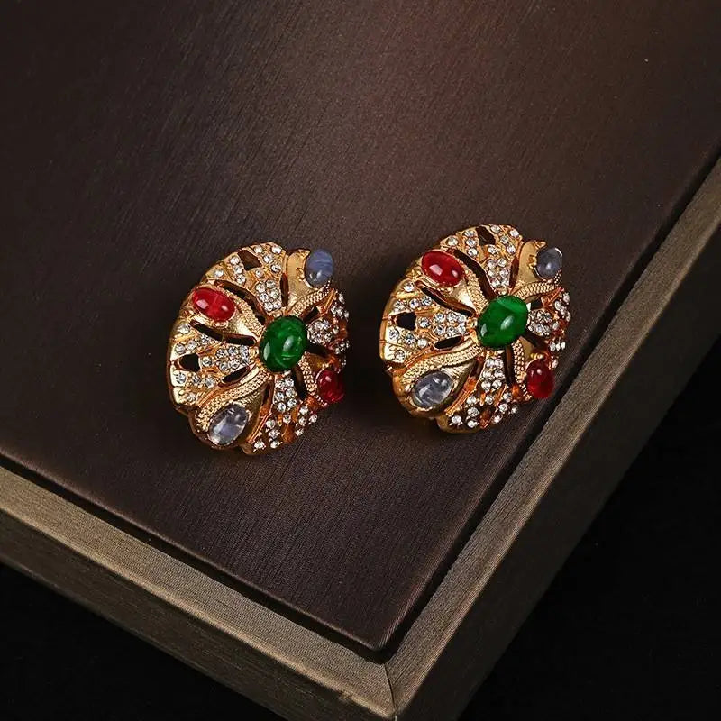 Medieval Retro Copper Inlaid Rhinestone Necklace Earrings Bracelet Fashion Light Luxury Elegant Jewelry Set