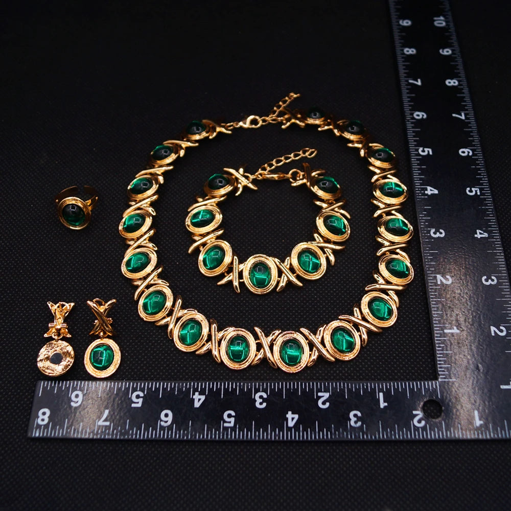 Zhuerrui Classic and Fashionable XO Women's Jewelry Set, High-end Emerald, Elegant and Romantic African Couple JewelryX0305