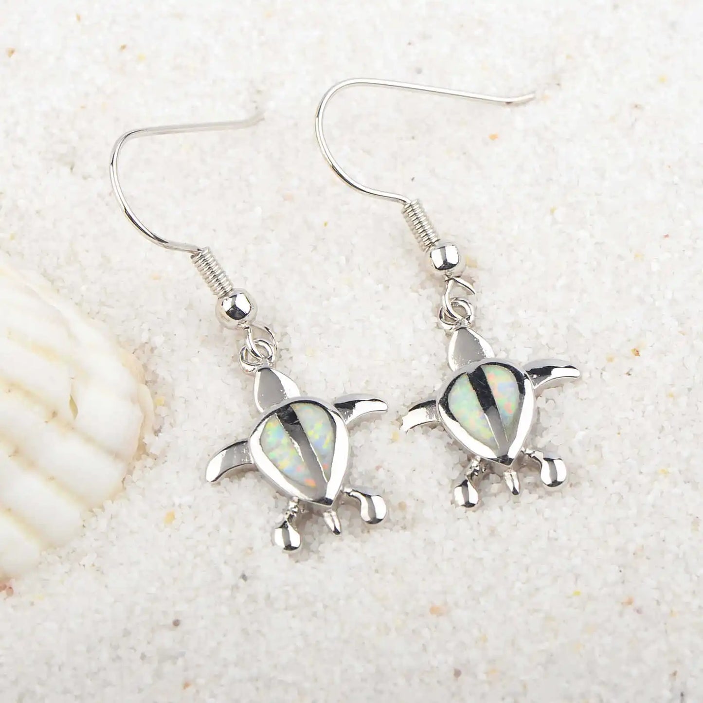 Cute Little Turtle Blue Opal Earrings  Iridescent Ocean Minimalist Earrings