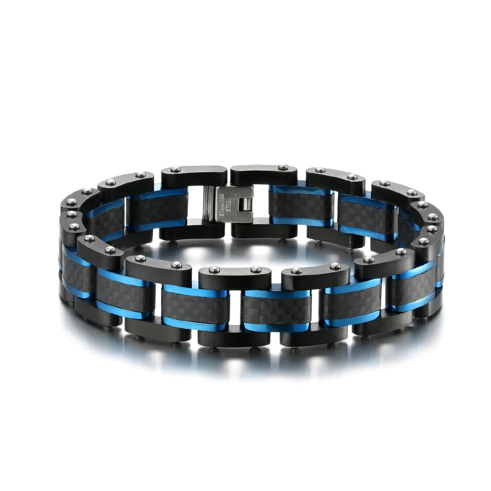 REBEL Men's Trendy Carbon Fiber & Stainless Steel Chain & Link Geometric Bracelet Black/Blue Zinc Plated Party Jewelry Model AS-SL-003