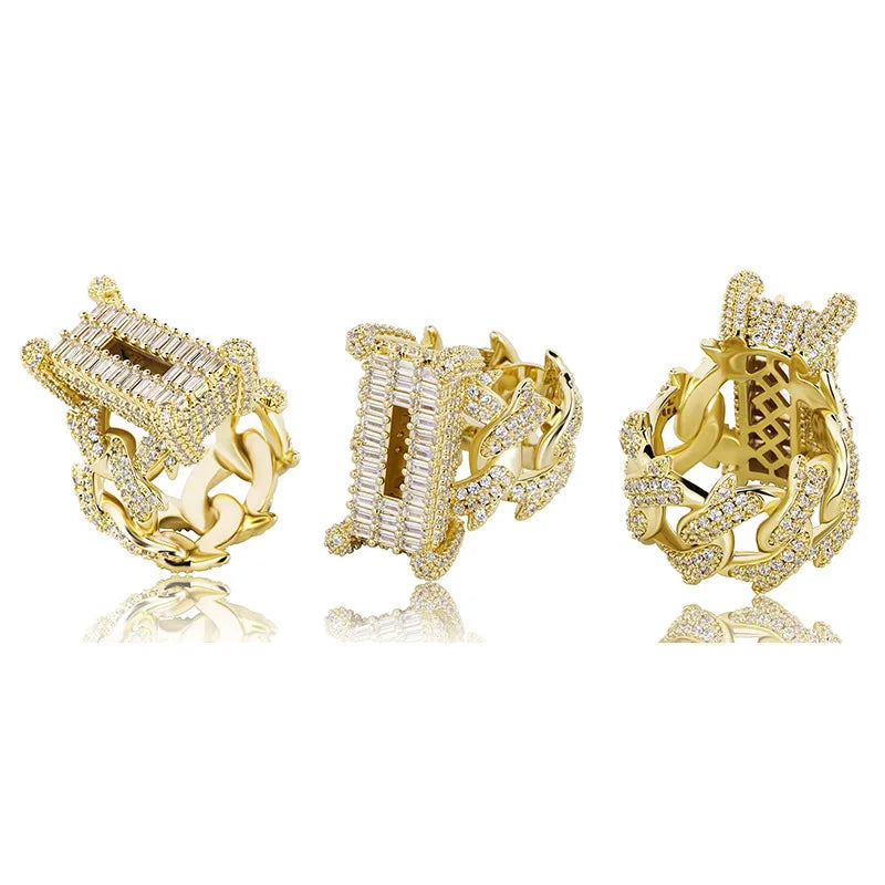 Hip Hop Thorn Spike Wide Ring Plated 14k Gold Ladder Square Zirconium Full Set Rap Stage Trendy Men's Accessories Wholesale