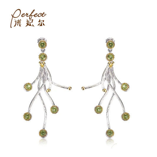 925 Sterling Silver Vintage Engagement Wedding Gift Women's Pendant Earrings with 18K Gold Plated Peridot Stone