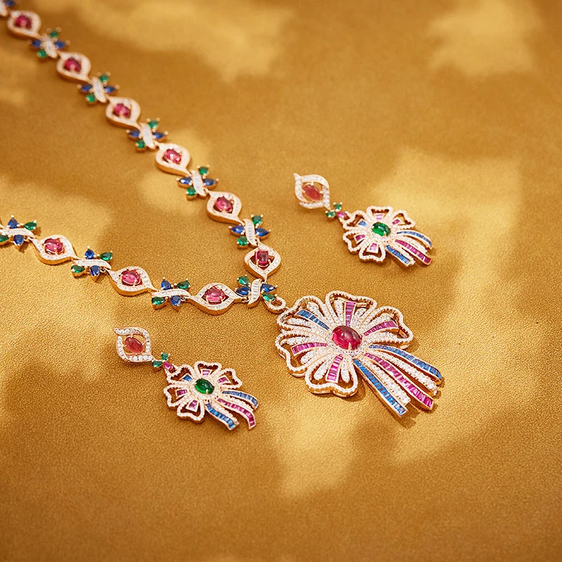 Retro Gorgeous High Quality Electroplated Two-Piece Set Colorful Ribbon Necklace Earrings Perfect Anniversary Fashion Jewelry