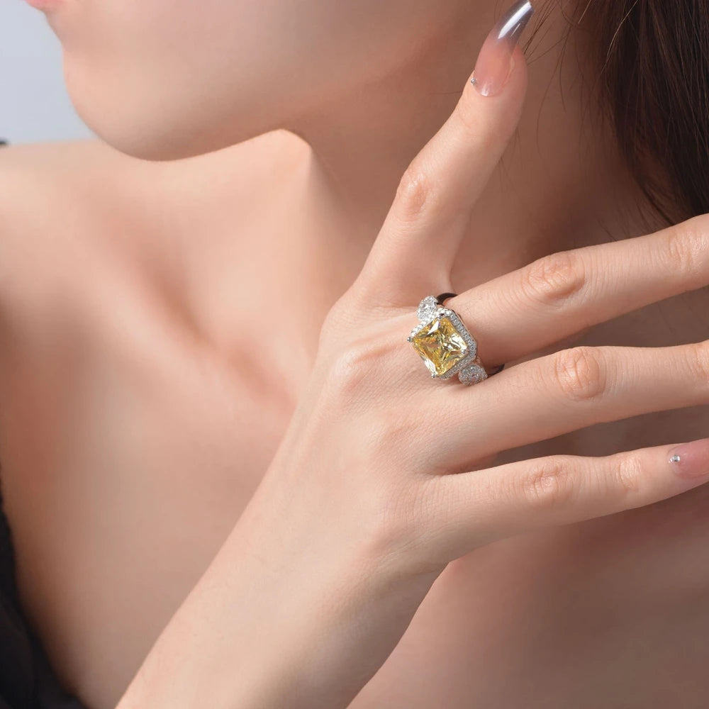 MUSHAN Jewelry Factory 2026 New Style Light Yellow 10*10 High Carbon Diamond Set 5Carat Ring in European and American 925 Silver