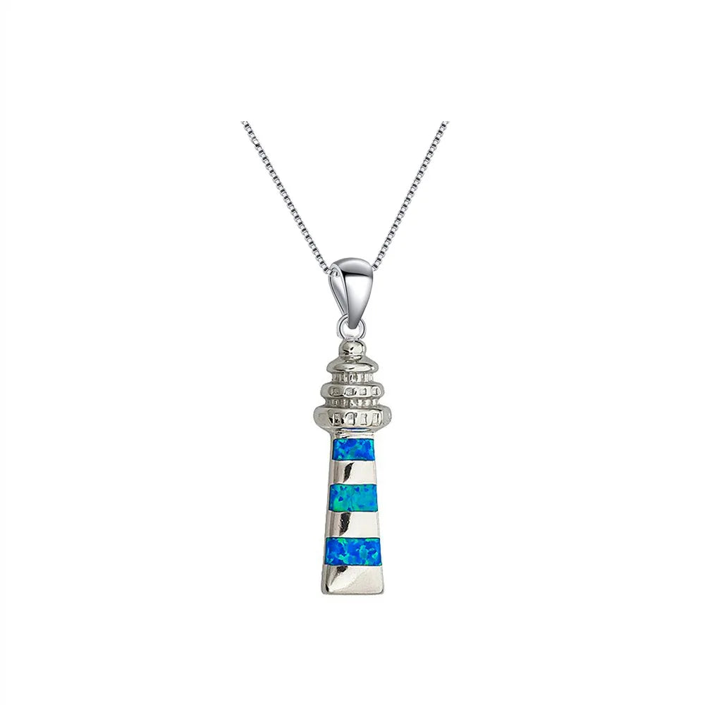 Aobao Christian Copper Blue Opal Geometric Lighthouse Necklace Silver Plated Sweater Chain Pendant Gift