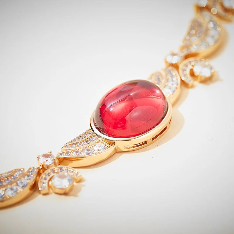 Brass Ruby Necklace Earring Rose Gold Set Anti Allergy High Quality Chain Gorgeous Women's Evening Dress Jewelry