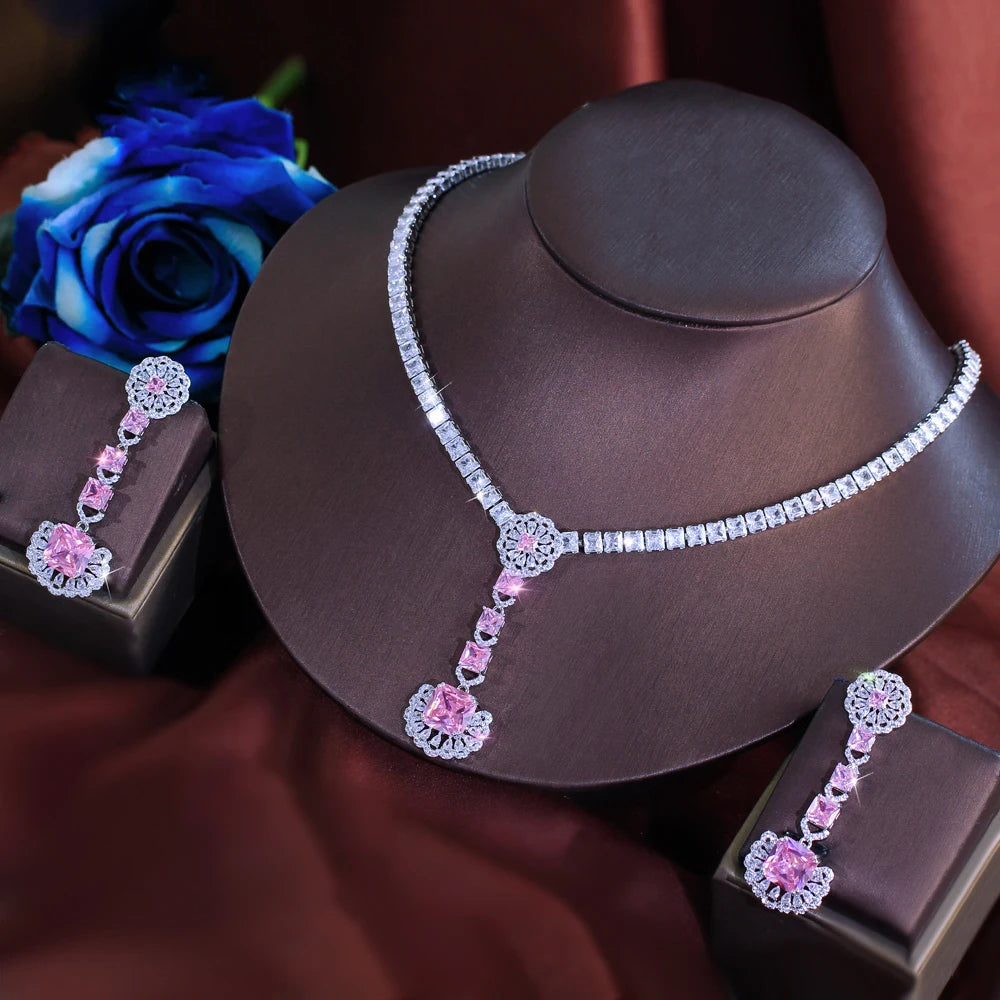 Glamorous Cubic Zirconia Necklace and Earrings Shimmering Pink White Jewelry Set for Women Wedding Anniversary Banquet Jewellery
