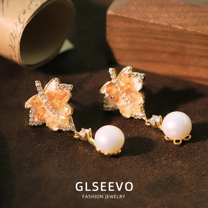 Natural Freshwater Pearl Leaf-Shaped Zircon Crystals Pendant Earrings Fashion New Design Earrings for Women'S Jewellery GE1751