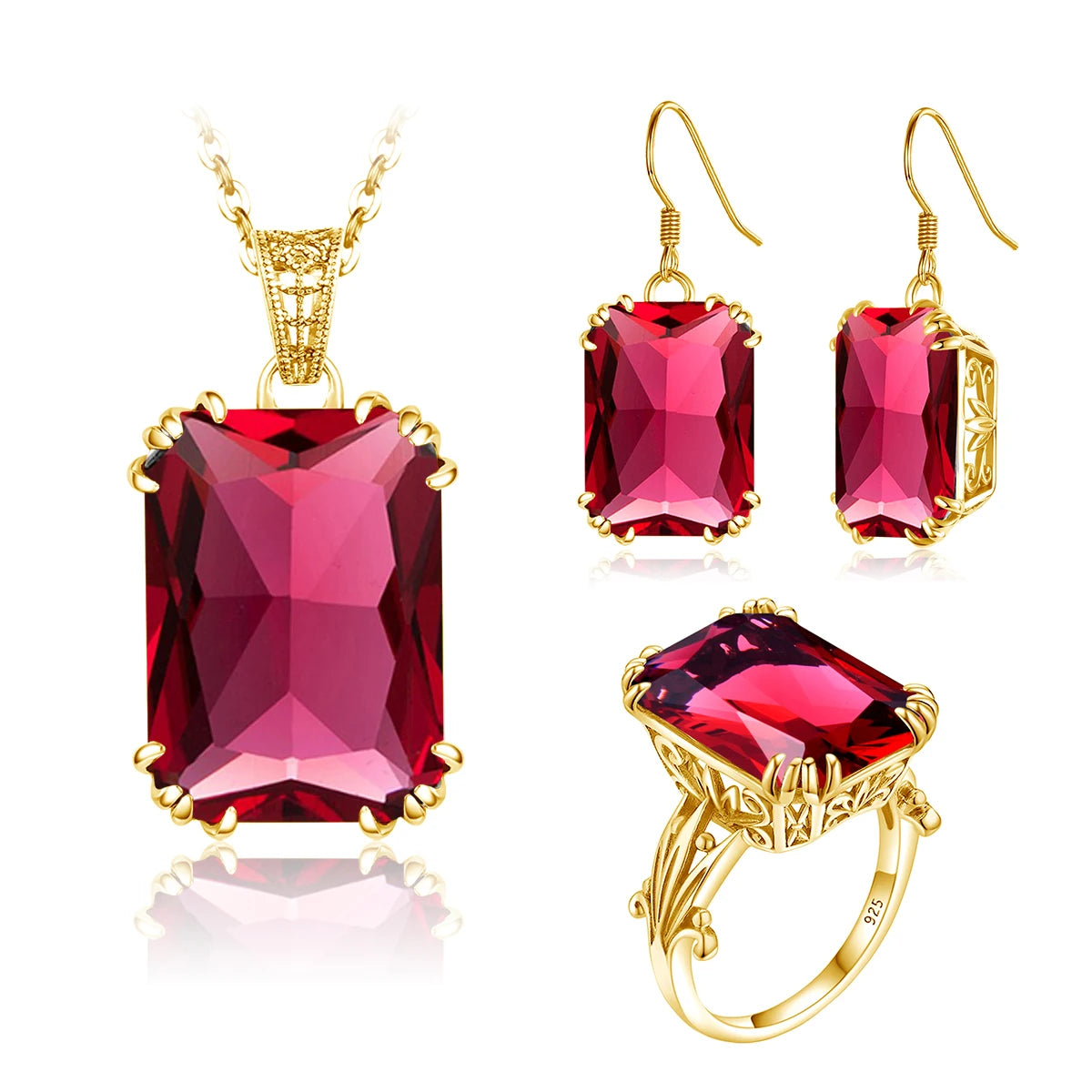 ArtistA Emerald Gemstone Vintage Engagement Wedding 925 Sterling Silver 18K Gold Plated Jewelry Set with Ring Earrings Pendant for Women