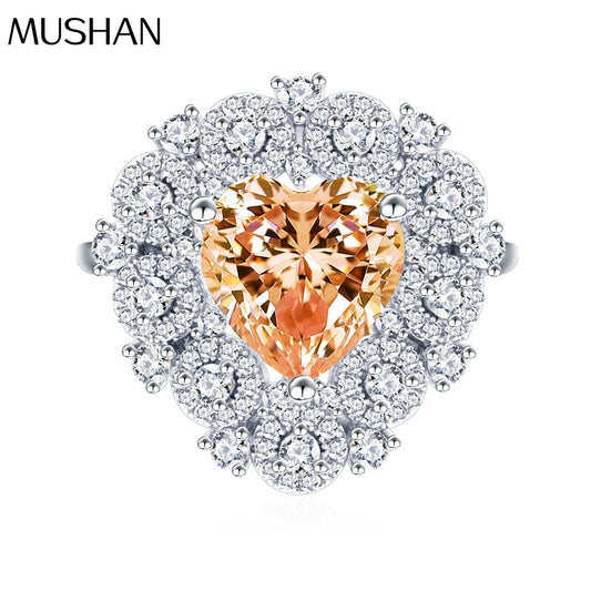 MuShan Women's Luxury Champagne Diamond Heart Shaped High Carbon Wedding Ring S925 Pure Silver Platinum Plated CMA Party