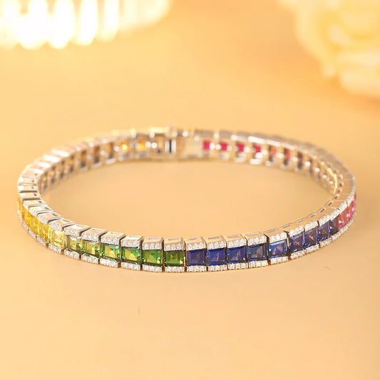 Gemfiori Luxurious and Fashionable Bracelet 925 Silver Rainbow Color Lab Grown Sapphire Tennis Bracelet 3.3mm Princess Shape Gemstones