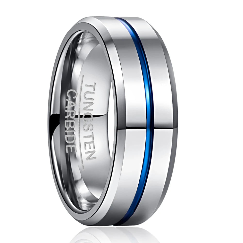 REBEL 8mm Width Polish Chamfer Edges Plated Blue groove Men's Tungsten Ring Jewelry Gift