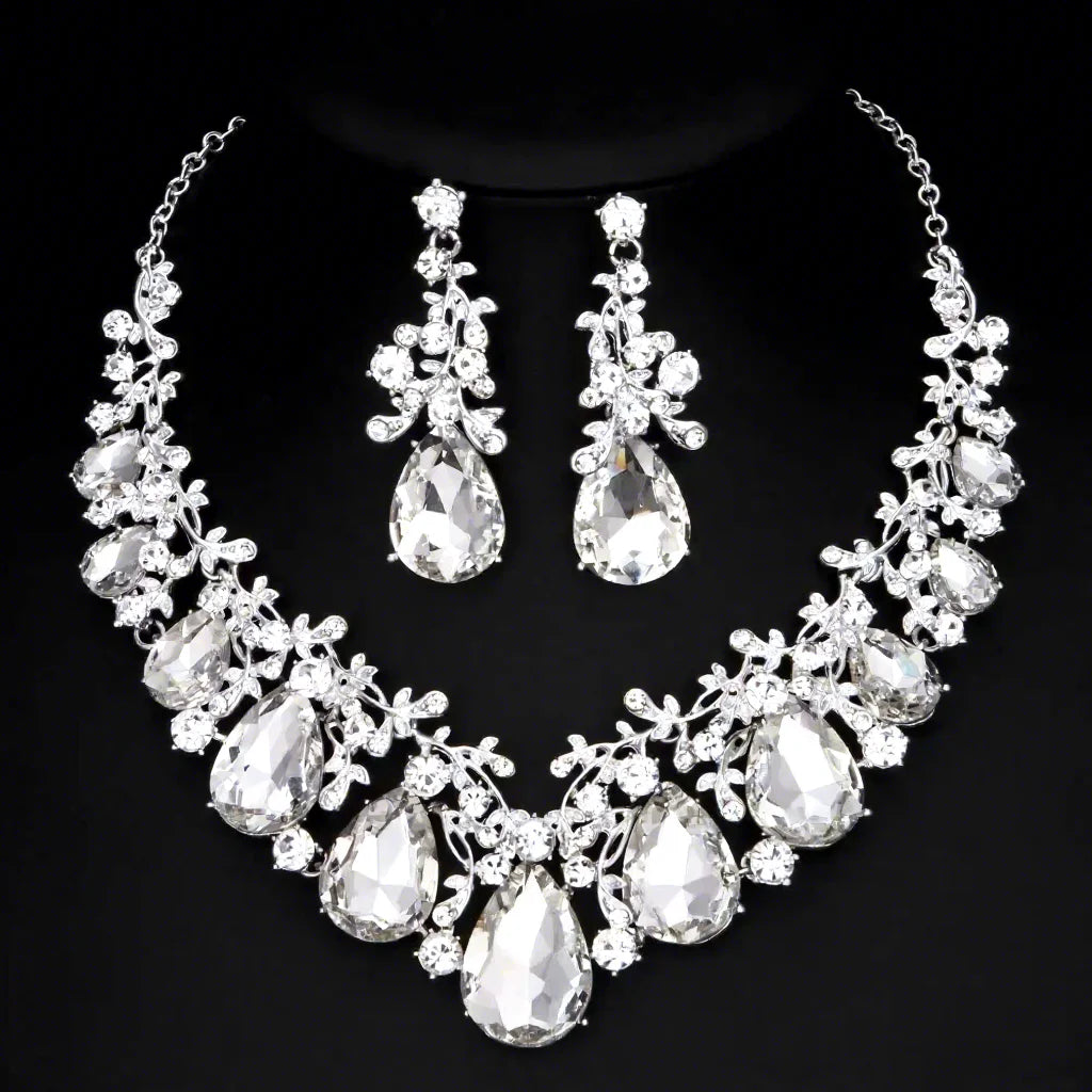 Luxurious Crystal Statement Necklace and Earrings Set Wholesale Teardrop Rhinestone Bridal Wedding Jewelry Set for Prom Party