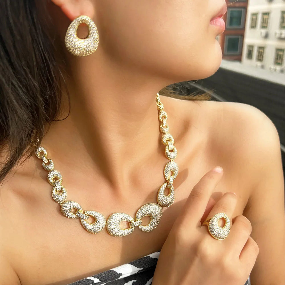 Chain Link Cubic Zircon Crystal Brazilian 18k Gold Plated Big Luxury 4pcs Jewelry Sets for Women Wedding Bride CZ Accessories