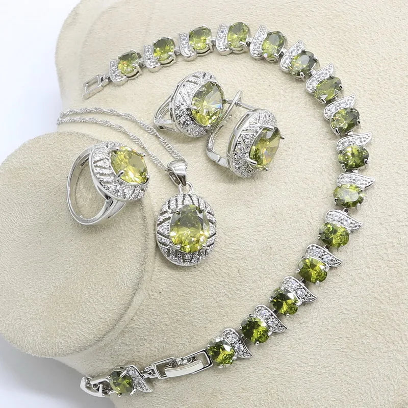 XOTICA Silver Jewelry Set for Women Olive Peridot White Zircon Includes Bracelet Earrings Necklace Ring-for Parties Weddings