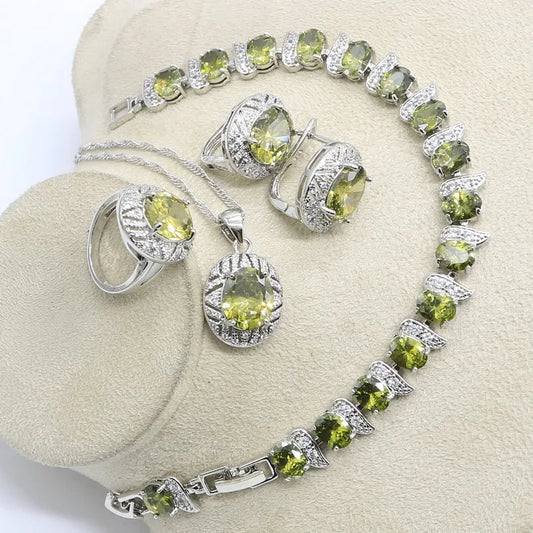 Wholesale Silver Jewelry Set for Women Olive Peridot White Zircon Includes Bracelet Earrings Necklace Ring-for Parties Weddings