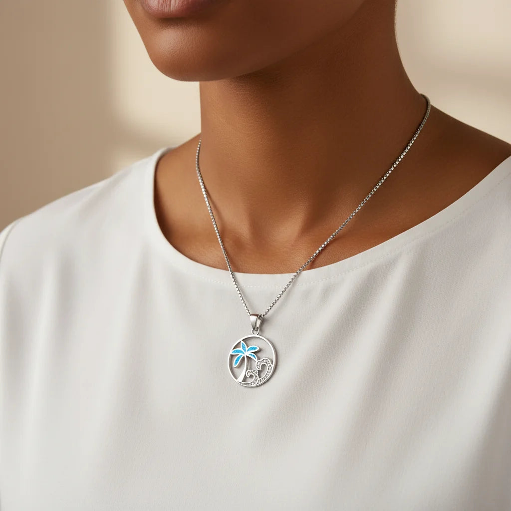 Summer Blue Opal Pendant Necklace | Trendy Silver Plated Brass Box Chain Minimalist Coconut Tree Design for Women's Anniversary