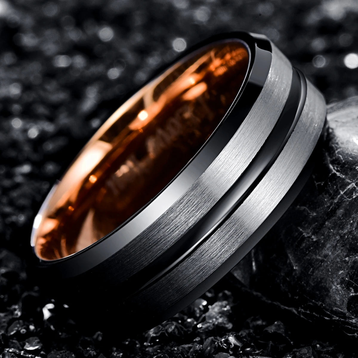 Wholesale 8mm Width Chamfer Plated Rose Golden Black Middle groove Men's Tungsten Ring Jewelry