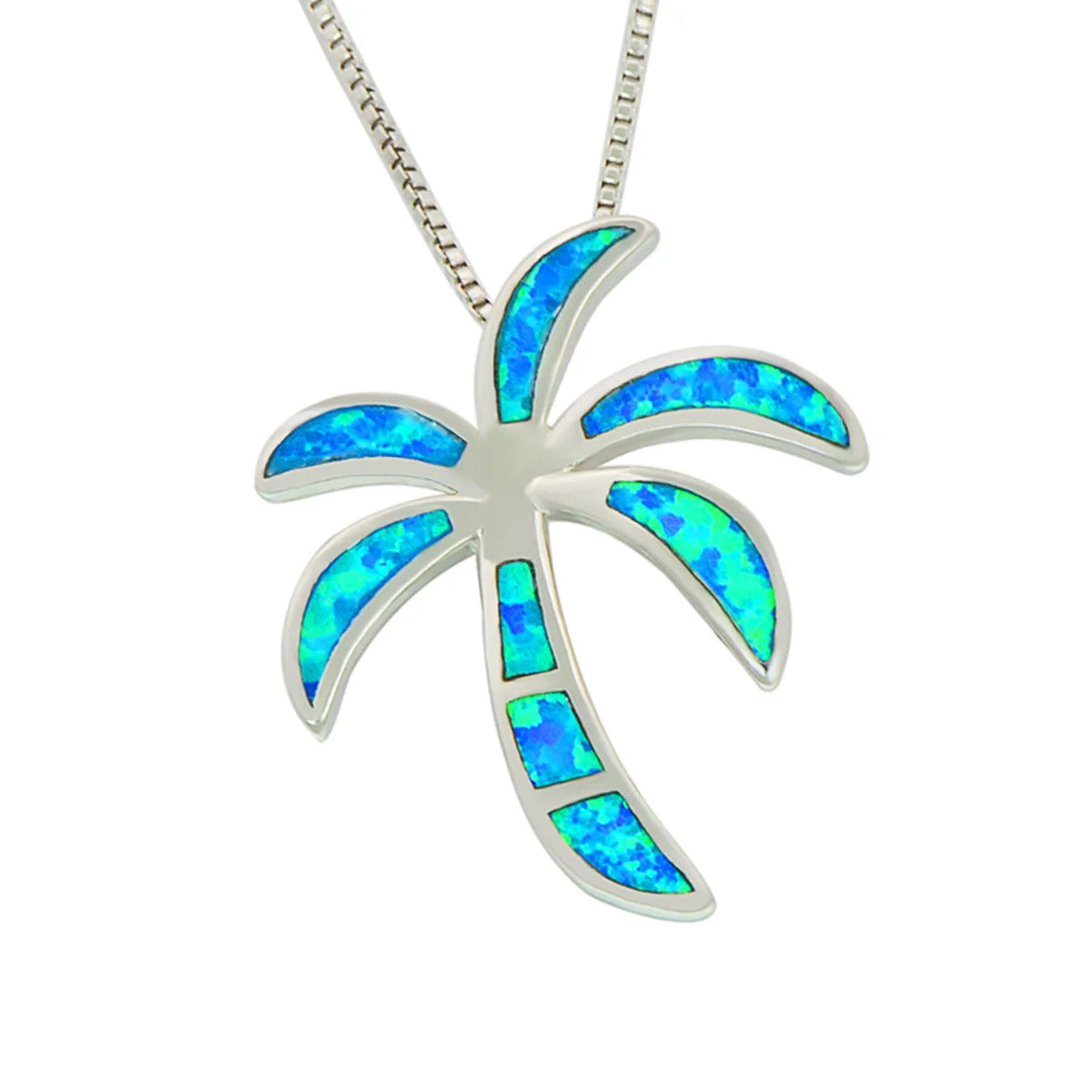 Aobao Christian Copper Hawaiian Coconut Tree Necklace Palm Tree Pendant Link Chain Opal