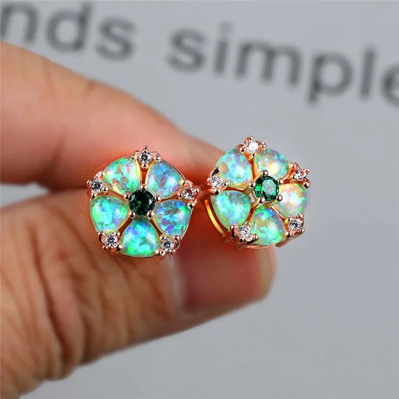 Floral Opal & Emerald Stud Earrings - Iridescent Opal Petals & Green Gem Center | Elegant Daily Jewelry Bulk Gifts