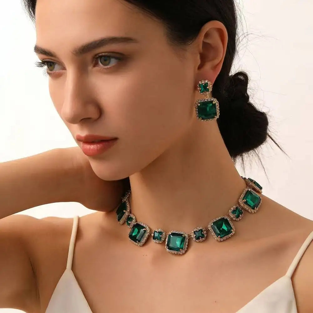 XM S90 New Luxury Crystal square Gemstone Jewelry Set Necklace Wedding Party Rhinestone Necklace Earring Set