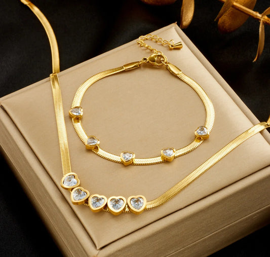 Gold Clear Crystal Heart Necklace & Bracelet Jewellery Set | Diamond-Bright Luxury Set