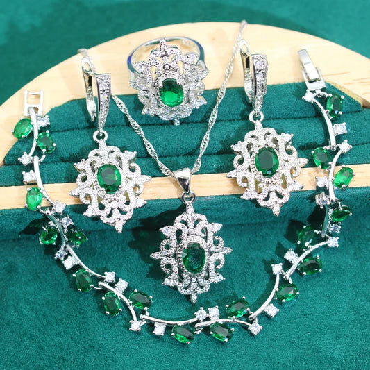 2024 New Classic Green Zircon 925 Silver Jewelry Set for Women Wedding Bracelet Earrings Necklace Pendant Ring Engagement