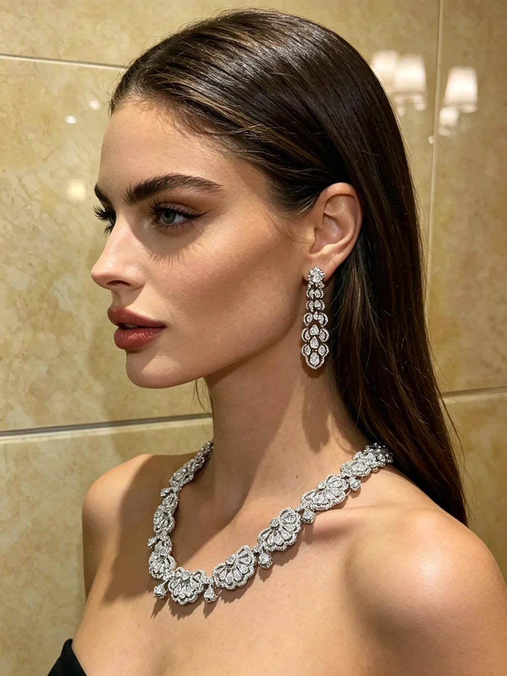 XM S426 Silver Plated Heart & Floral Cubic Zirconia Flower Link Choker Necklace & Teardrop CZ Drop Earrings Set