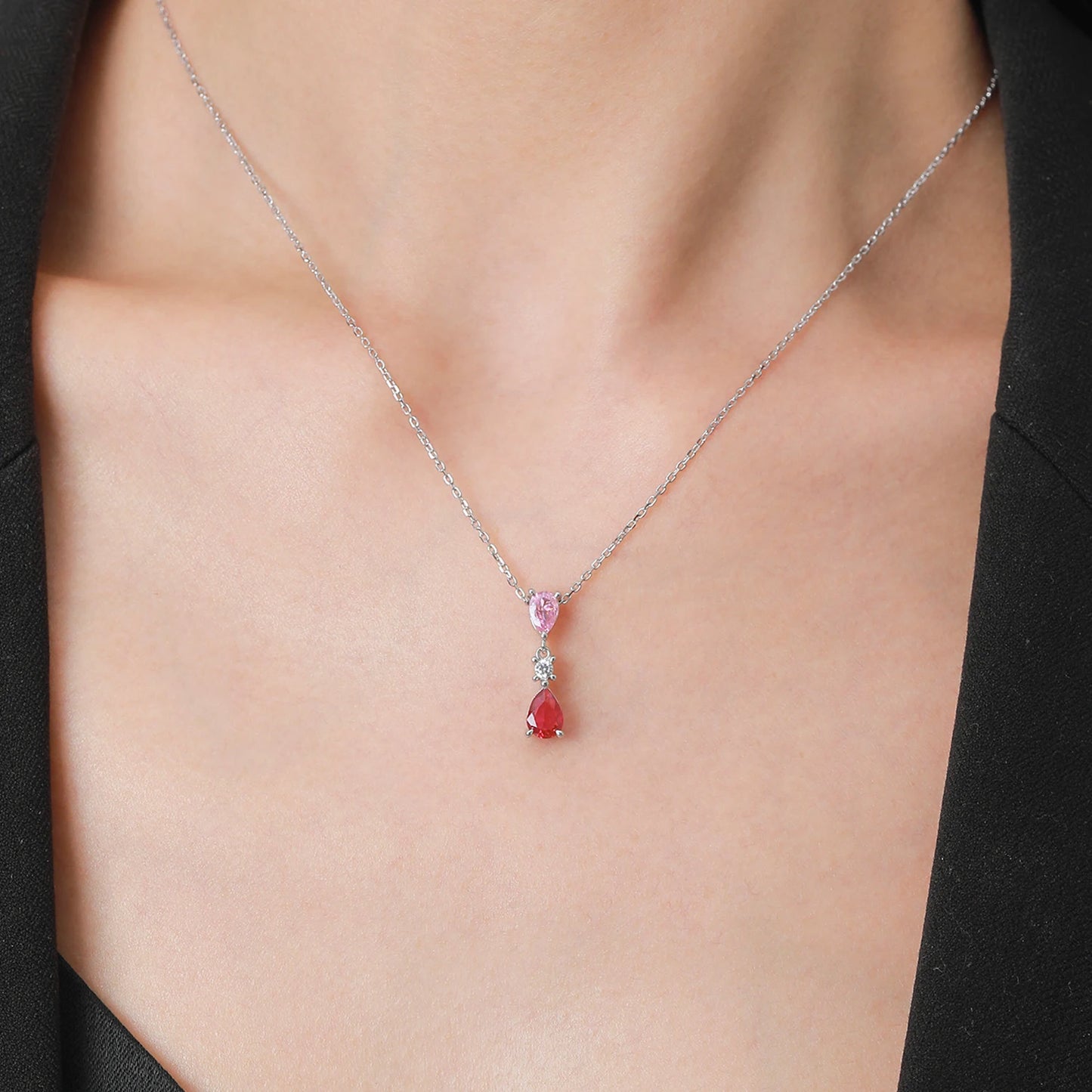 Ailmay 925 Sterling Silver Sweet Pink Water Droplet Zircon Pendant Necklace Earrings Set for Women Romantic Valentine's Day Gift