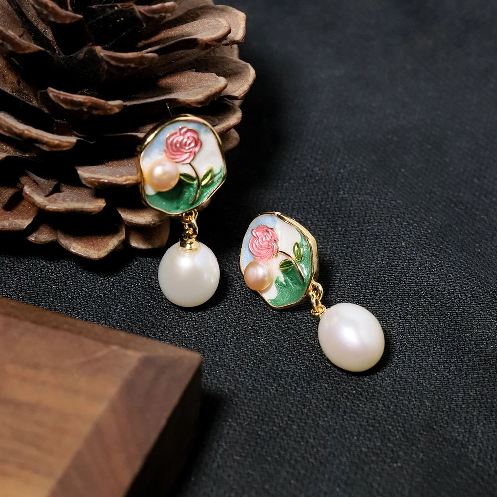 Natural Freshwater Pearl Rose Vintage Earrings Korean Style Women Luxury Jewelry Fashion Ladies and Girls Gift GE1568