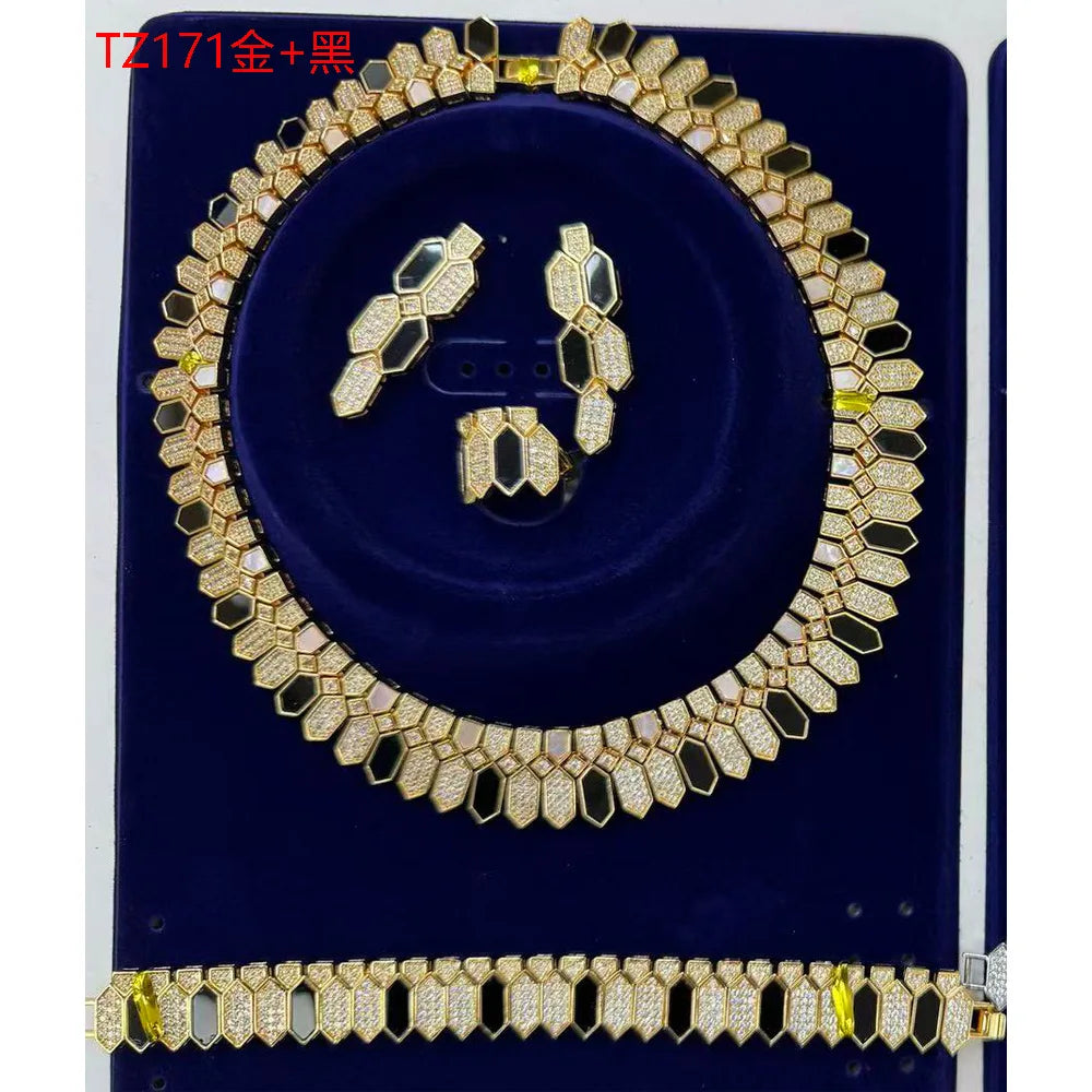 Middle Eastern Luxury Gold Jewelry Set with White Shell Black Agate Cubic Zirconia Chocker Necklace Earring Ring Bracelet Sets
