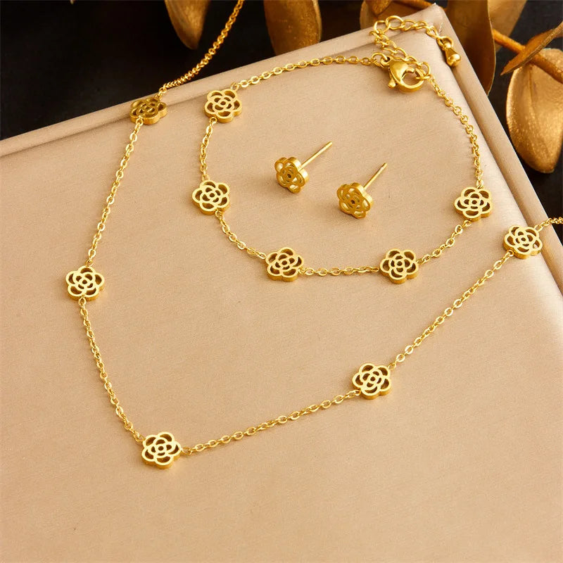 Gold Rose Flower Necklace, Earrings & Bracelet Jewellery Set | Romantic Luxury Set