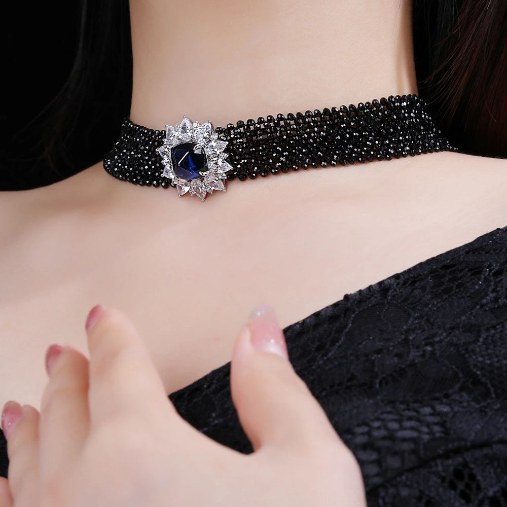 MUSHAN Jewelry Factory Black Spinel Woven S925 Sterling Silver Multi Layer Necklace High End Cross Piece Necklace