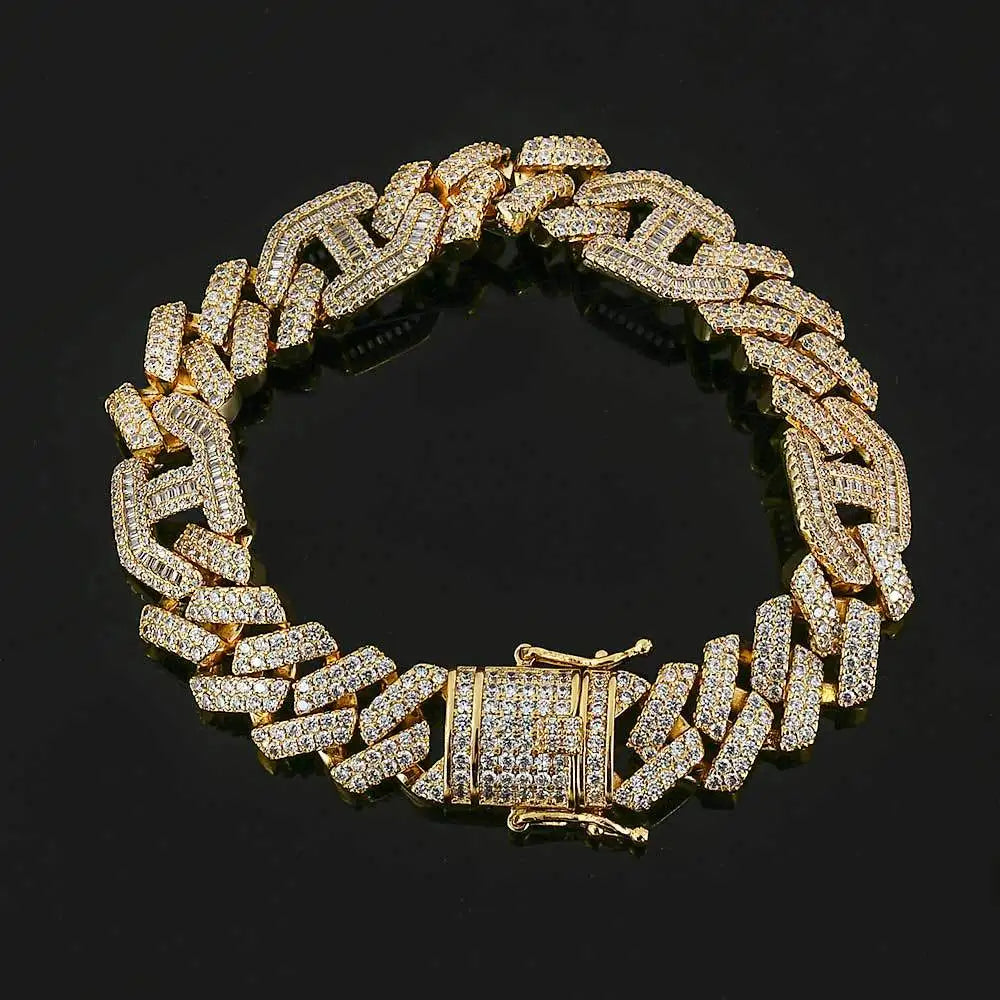 REBEL 15mm 9inch Mens Hip Hop Jewelry 18k Gold Plated Zirconia Iced Out Cuban Bracelet
