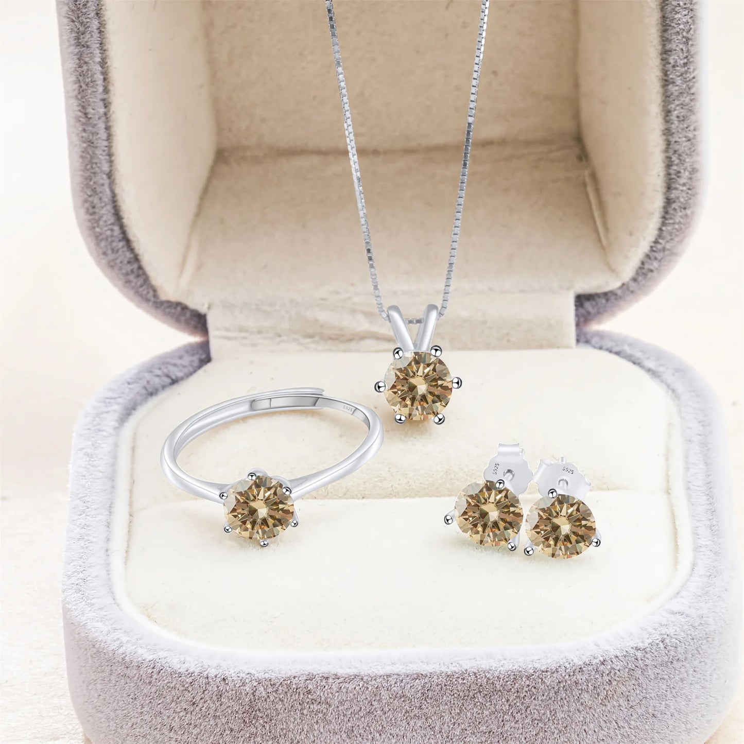 Simple D Color VVS1 GRA 1CT Round Cut Colored Moissanite Jewelry 925 Silver Wedding Ladies Necklace Earrings Ring 3 Piece Sets