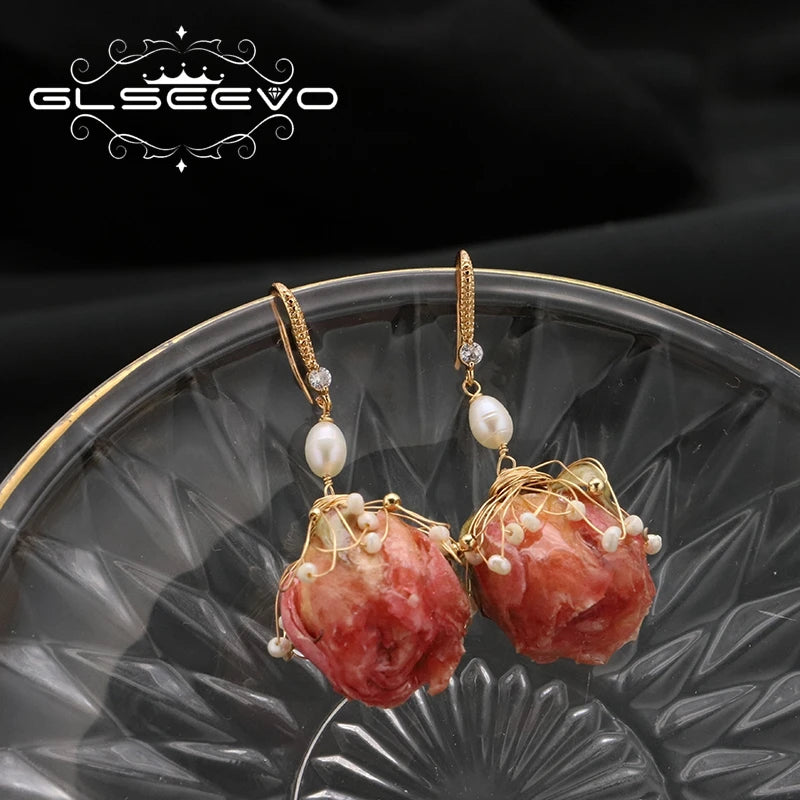 Freshwater Pearl Pink Rose Zircon Flower Drop Earrings Fashion Beautiful Elegant Earrings Jewelry for Girlfriend Gift
