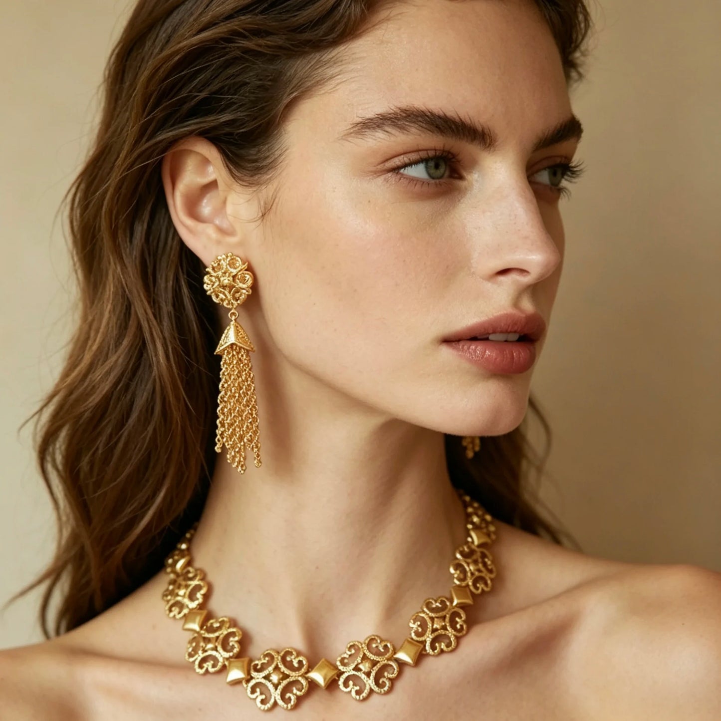 Bella Viva Vintage Filigree Necklace and Earrings, 18K Gold Plated Brass, Fashion Jewelry Set for Women Party, Banquet & Daily