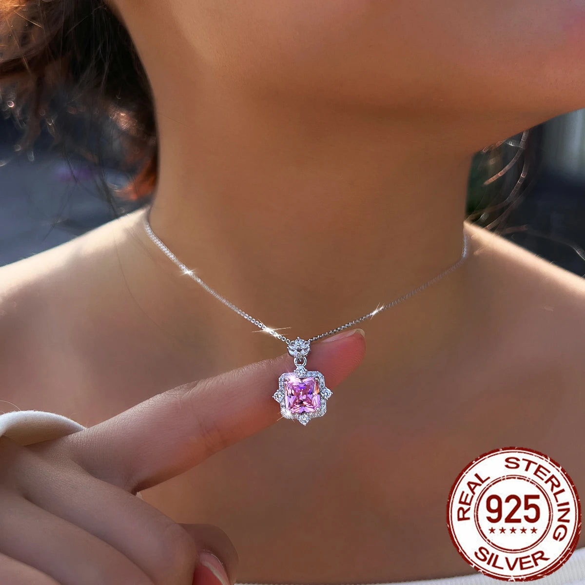 S&S 925 Sterling Silver Pink Square CZ Charm Pendant Necklace – 8A Zirconia – Rhodium Plated – Collection