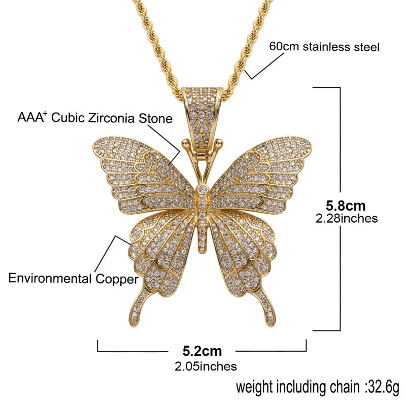 S&S Iced Out CZ Butterfly Pendant Necklace | Gold & Silver | Hip-Hop Jewellery