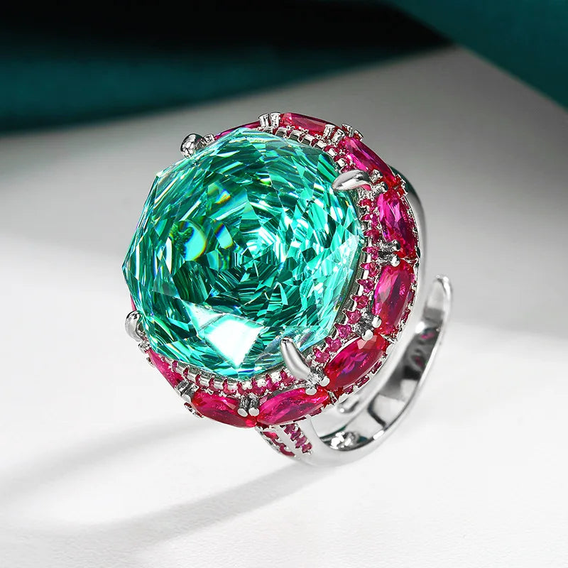 Gemfiori Luxury Women's Jewelry Set Rose Cut Green Crystal Zircon Pendant Necklace Ring Wedding Set