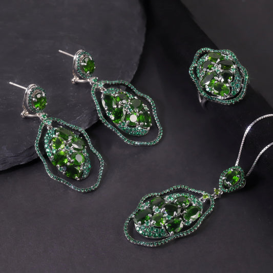 S&S Chrome Diopside & Emerald Green Nano Fine Jewellery Set | 925 Silver Rhodium Plated | Oval Cut | S&S Collection