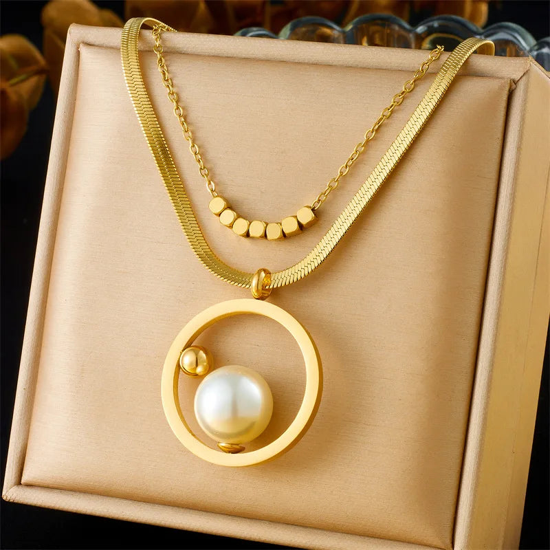 High Quality Fashion Stainless Steel Geometric Necklace Earrings and Ring Set with Pearl Women Luxury Gold Jewelry Set