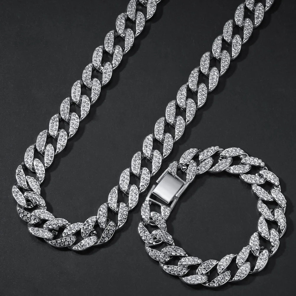 REBEL Classic Hip Hop Style 15mm Alloy Cuban Link Chain Set Geometric Rhinestone Crystal Rhodium Plated Trendy Beads for Anniversary