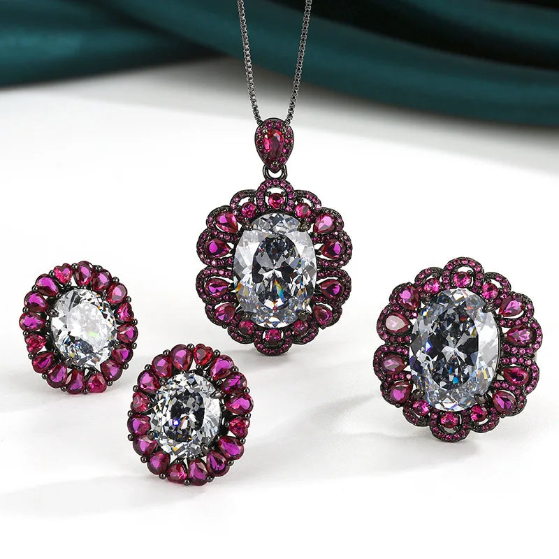 REDheart Fashion Geometry Inlaid Zircon Gold Plated Earrings Black Gray Retro Gold Pendant Necklace Jewelry Set for Party