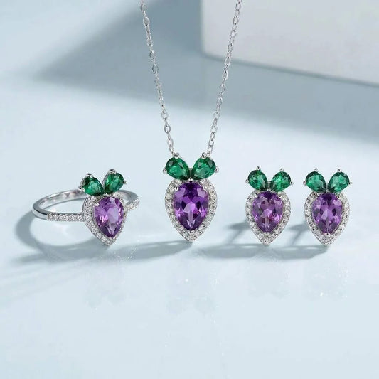 S&S Natural Amethyst 925 Silver Jewellery Set | Pear Cut Purple Gemstone Ring, Pendant & Earrings | S&S Collection