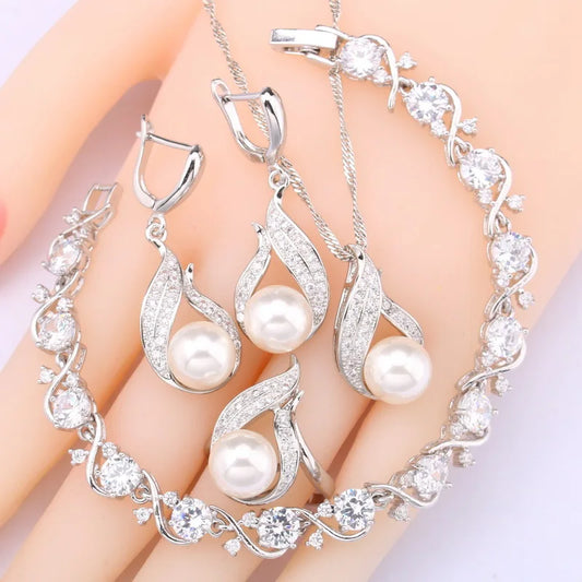 Natural White Pearl Silver Jewelry Set for Women Zircon Bracelet Earrings Rings Necklace Pendant for Wedding Party Engagement