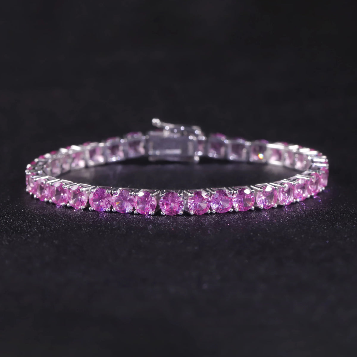 Gemfiori Glamorous Women Bracelet Prong Setting 925 Silver Hip Hop 3mm Medium Pink Lab Grown Sapphire Tennis Chain Bracelets