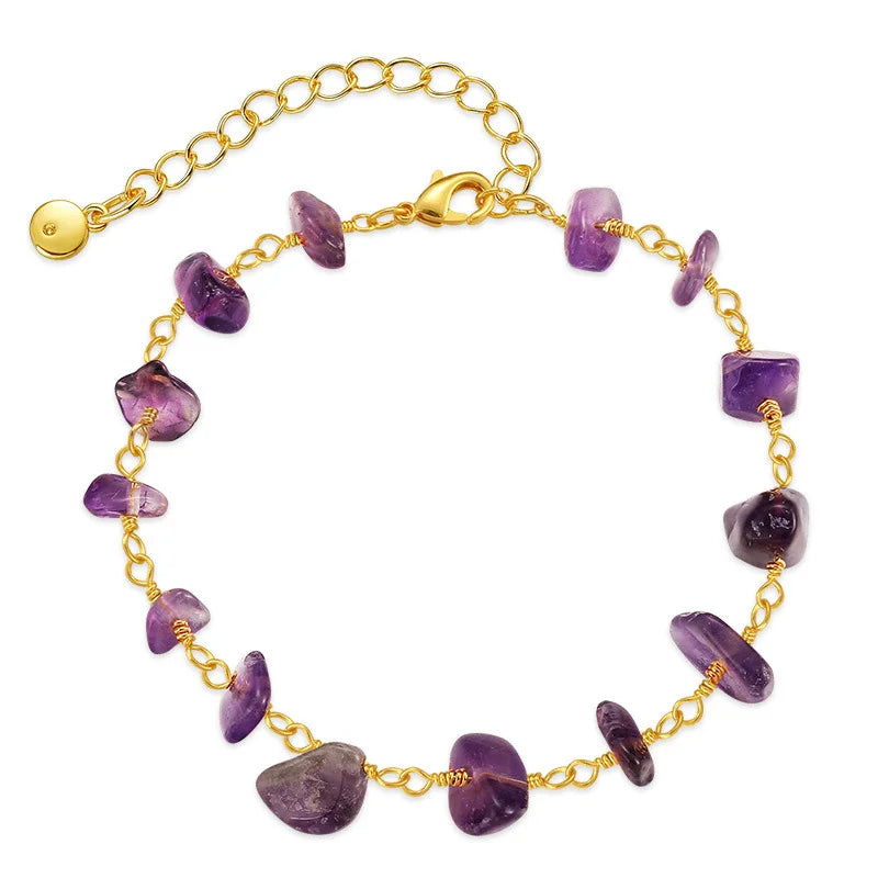 Bohemian Gravel Natural Raw Stone Chips Bracelet Anklets 22CM Crystal Amethyst Rose Quartz Turquoise Gold Plated for Women Gift